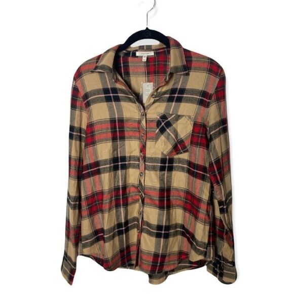 Maurices XS Plaid Flannel Button Down Shirt Tan Red NWT - Picture 2 of 4